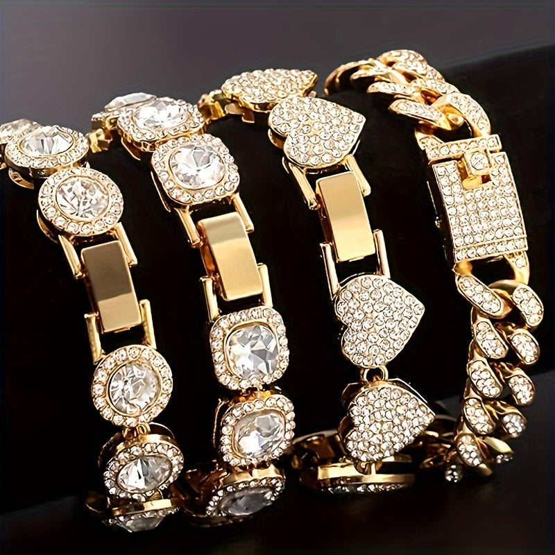Fashion Women's 4-piece Combo Set - Women's Heart-studded Synthetic Zircon Cuban Bracelet - Multi-layer Chain Bracelet Set - Perfect For Giving Women's Gift Set - , Banquet, Gift Giving, Everyday Accessories